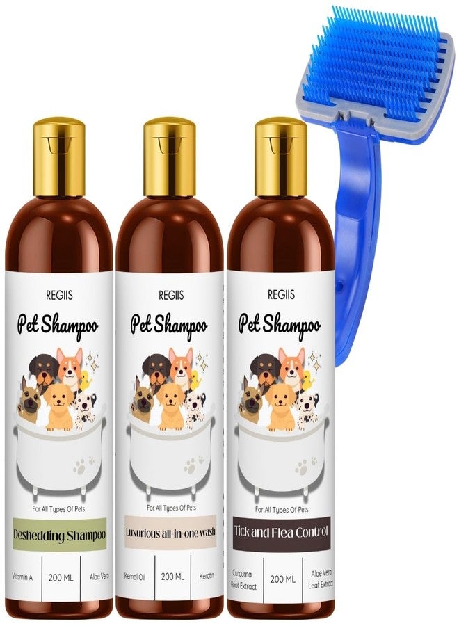 REGIIS Pet Shampoo Set, 3 Pack Dog Shampoo with Grooming Brush, Deshedding, Luxurious All-in-One Wash, Tick and Flea Control, 200 ML Bottles(4 Pack) - Image 1